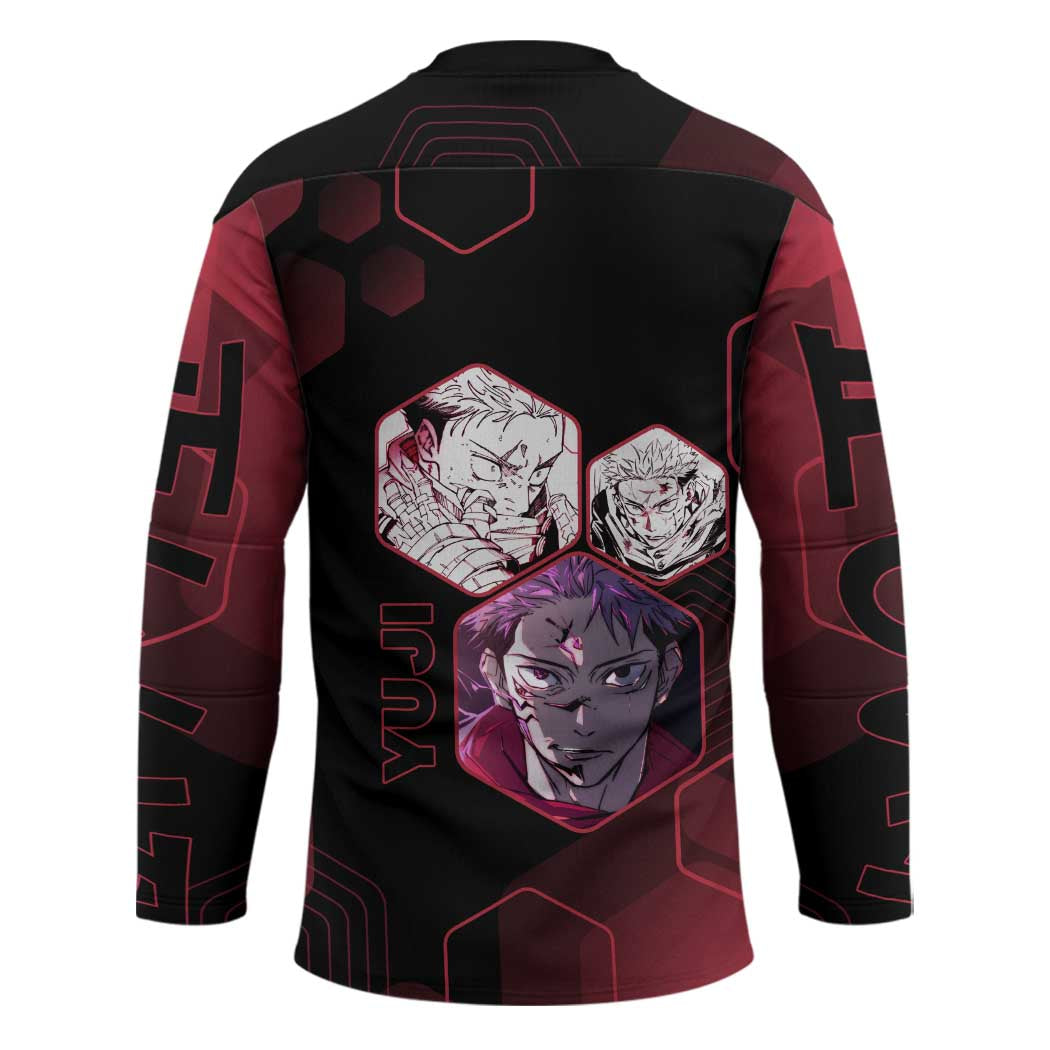 Yuji Itadori Jujutsu Kaisen Red Hexagon Design Hockey Jersey with Sukuna Transformation and Manga Style Art - The Mazicc
