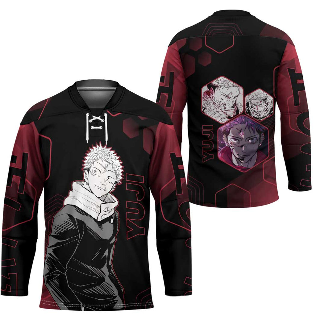 Yuji Itadori Jujutsu Kaisen Red Hexagon Design Hockey Jersey with Sukuna Transformation and Manga Style Art - The Mazicc