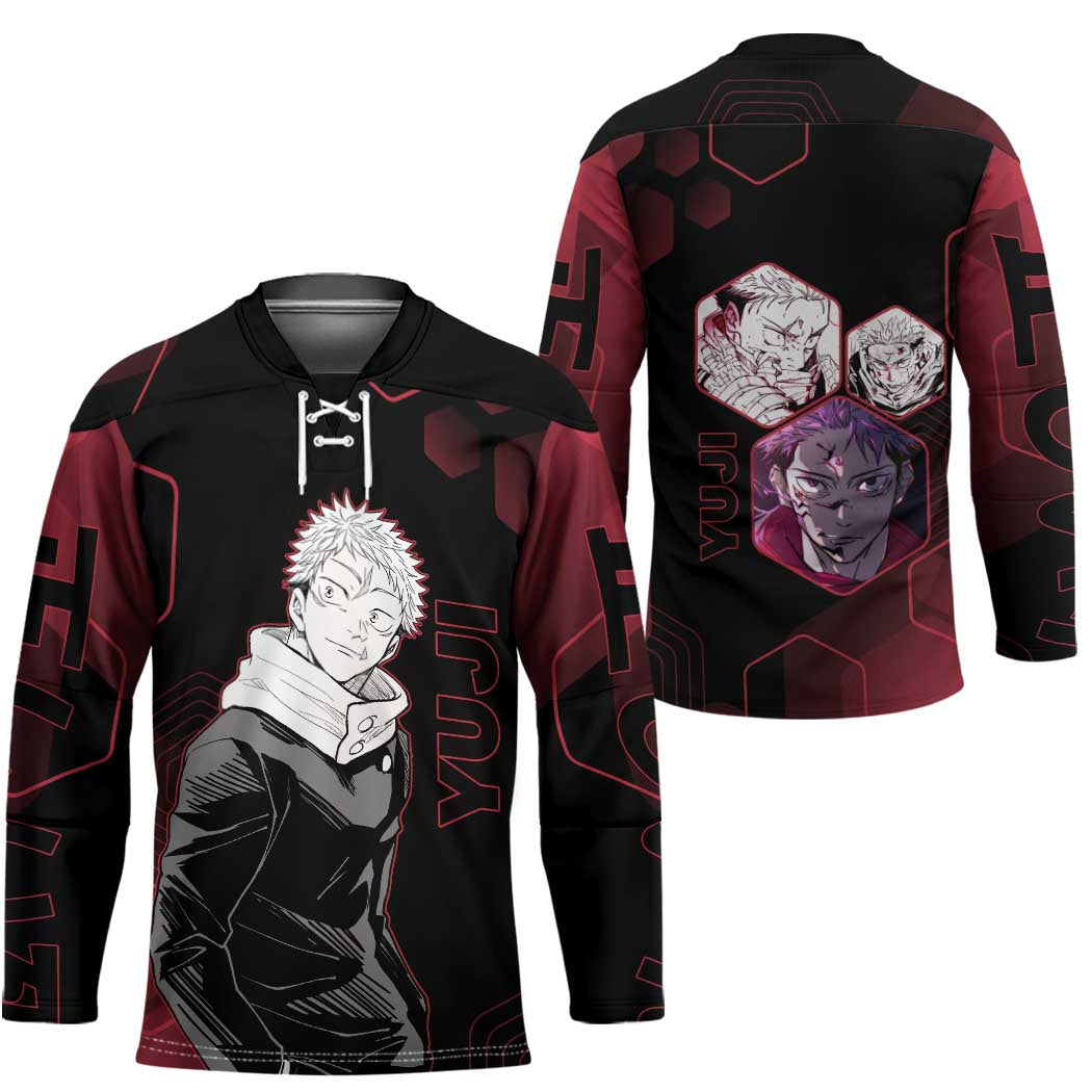 Yuji Itadori Jujutsu Kaisen Red Hexagon Design Hockey Jersey with Sukuna Transformation and Manga Style Art - The Mazicc