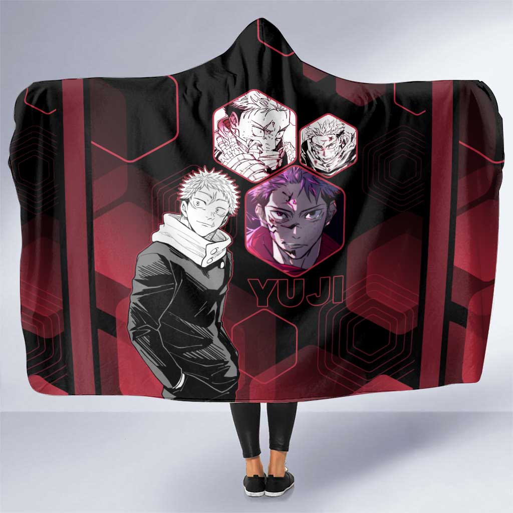 Yuji Itadori Jujutsu Kaisen Red Hexagon Design Hooded Blanket with Sukuna Transformation and Manga Style Art - The Mazicc