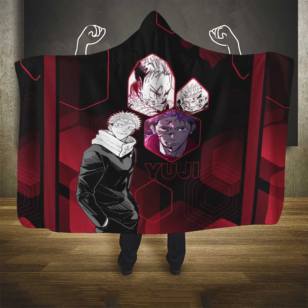 Yuji Itadori Jujutsu Kaisen Red Hexagon Design Hooded Blanket with Sukuna Transformation and Manga Style Art - The Mazicc
