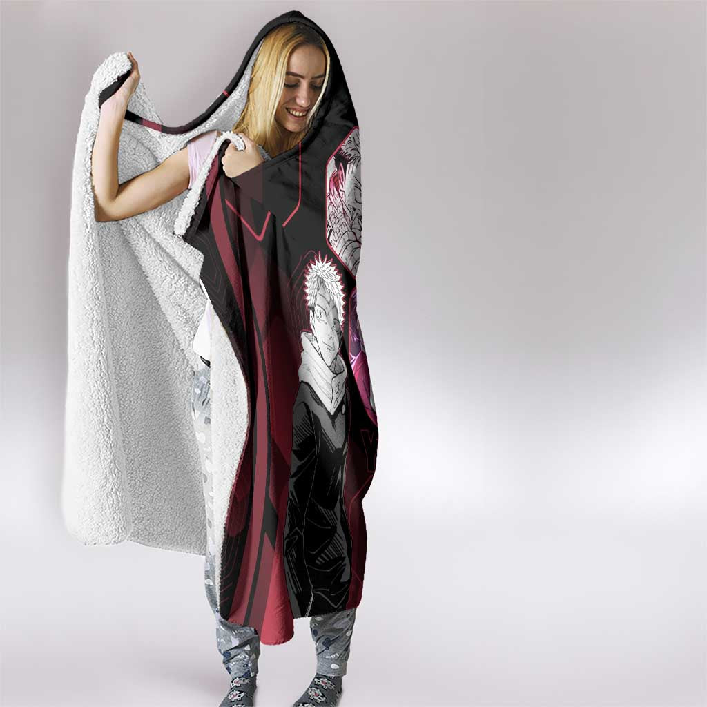 Yuji Itadori Jujutsu Kaisen Red Hexagon Design Hooded Blanket with Sukuna Transformation and Manga Style Art - The Mazicc