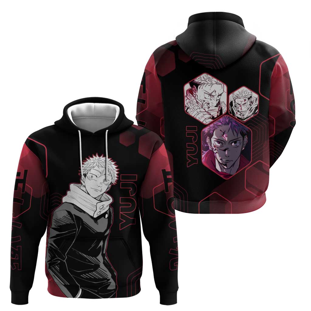 Yuji Itadori Jujutsu Kaisen Red Hexagon Design Hoodie with Sukuna Transformation and Manga Style Art - The Mazicc