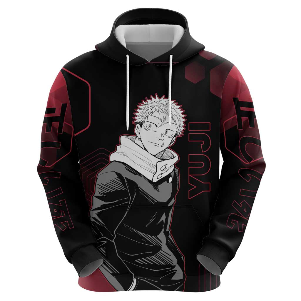 Yuji Itadori Jujutsu Kaisen Red Hexagon Design Hoodie with Sukuna Transformation and Manga Style Art - The Mazicc