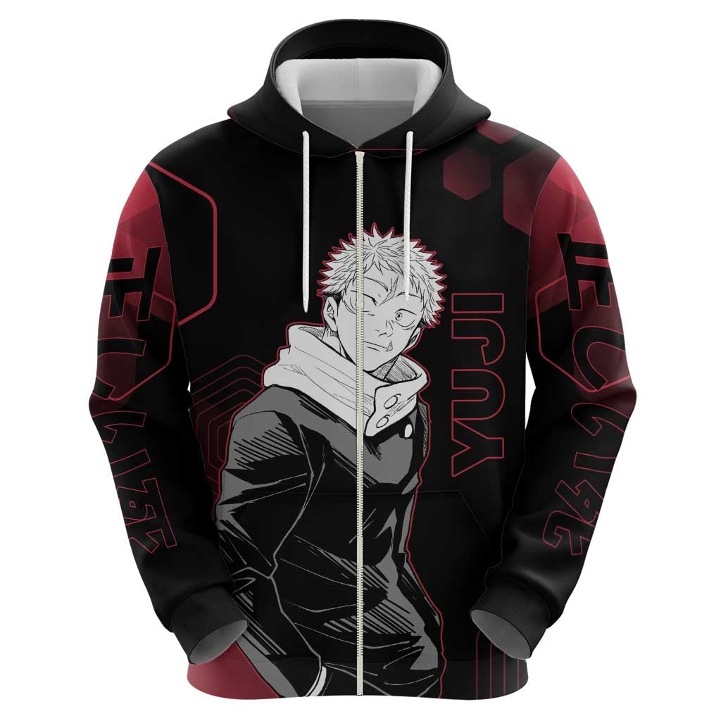 Yuji Itadori Jujutsu Kaisen Red Hexagon Design Hoodie with Sukuna Transformation and Manga Style Art - The Mazicc