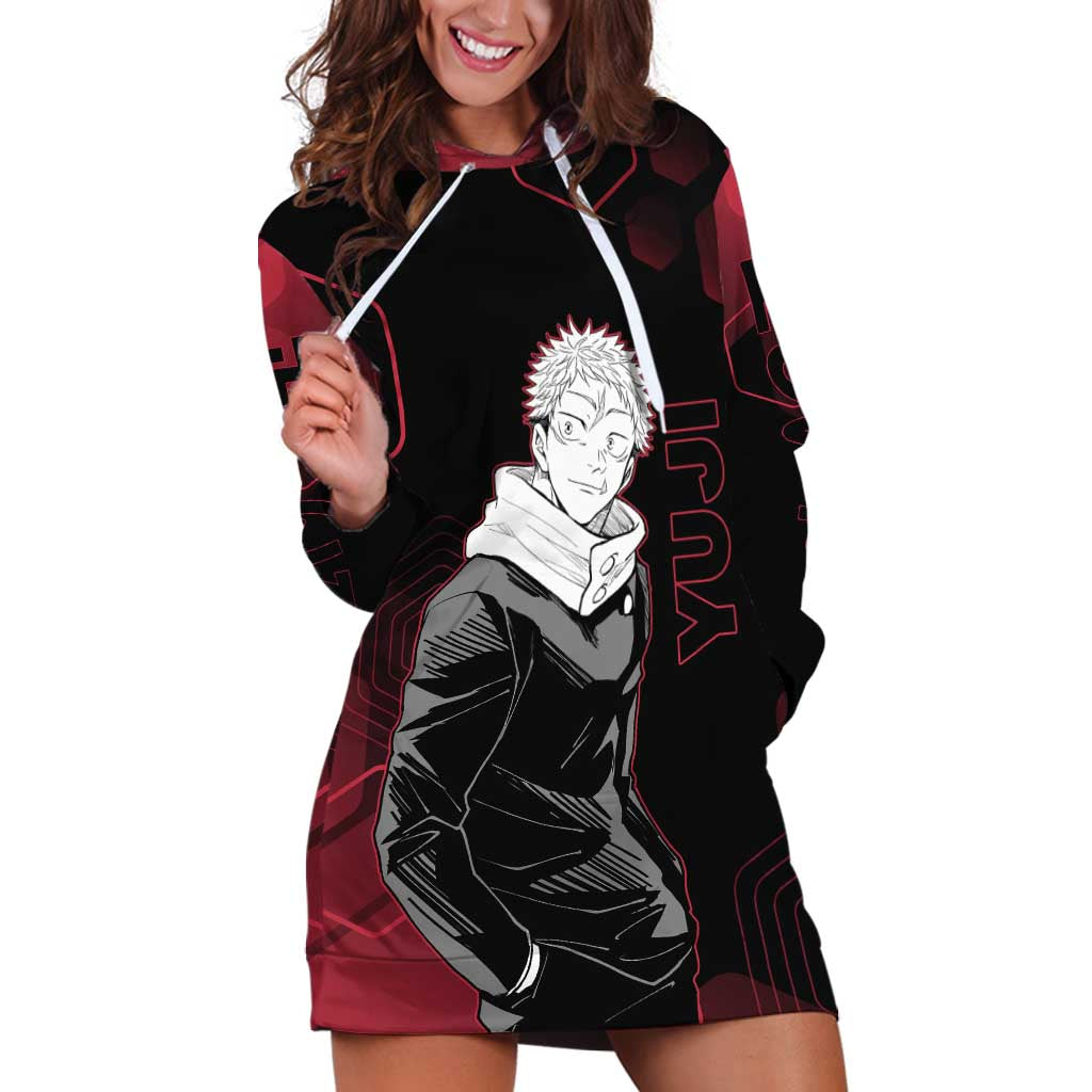 Yuji Itadori Jujutsu Kaisen Red Hexagon Design Hoodie Dress with Sukuna Transformation and Manga Style Art - The Mazicc