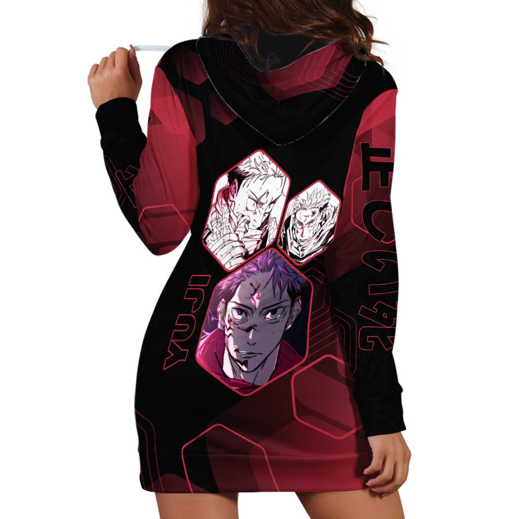 Yuji Itadori Jujutsu Kaisen Red Hexagon Design Hoodie Dress with Sukuna Transformation and Manga Style Art - The Mazicc