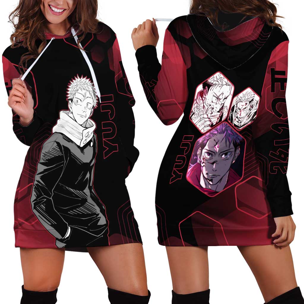 Yuji Itadori Jujutsu Kaisen Red Hexagon Design Hoodie Dress with Sukuna Transformation and Manga Style Art - The Mazicc