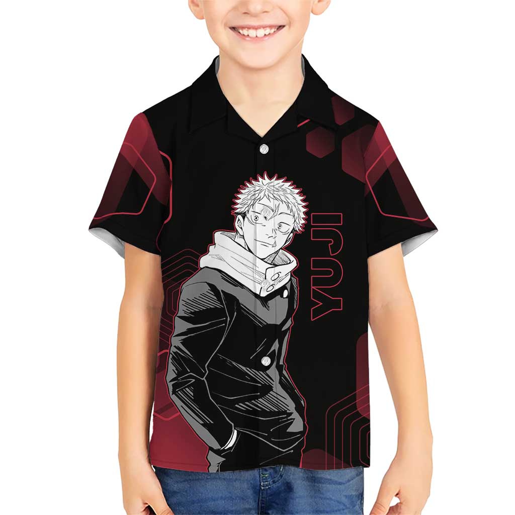 Yuji Itadori Jujutsu Kaisen Red Hexagon Design Kid Hawaiian Shirt with Sukuna Transformation and Manga Style Art - The Mazicc