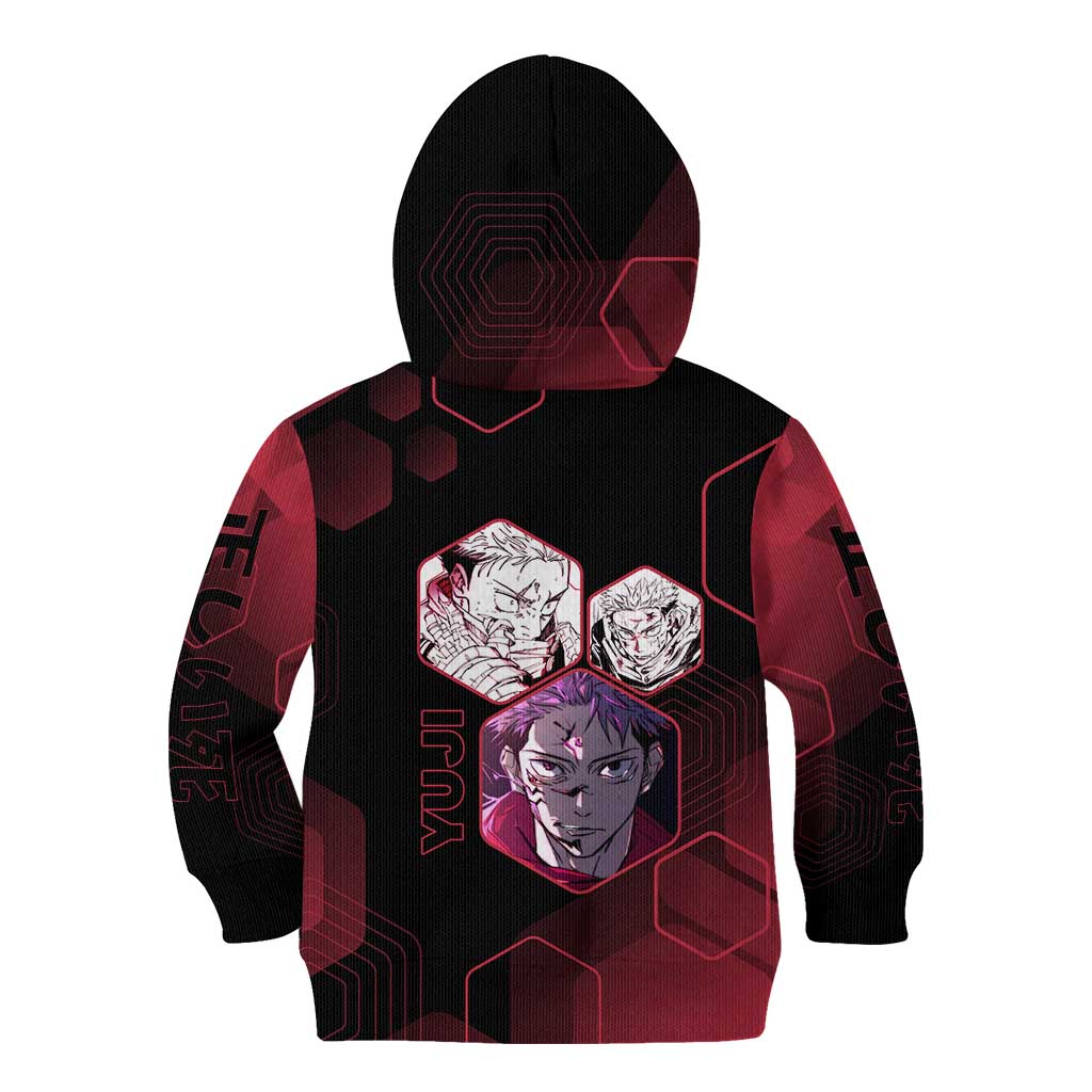 Yuji Itadori Jujutsu Kaisen Red Hexagon Design Kid Hoodie with Sukuna Transformation and Manga Style Art - The Mazicc