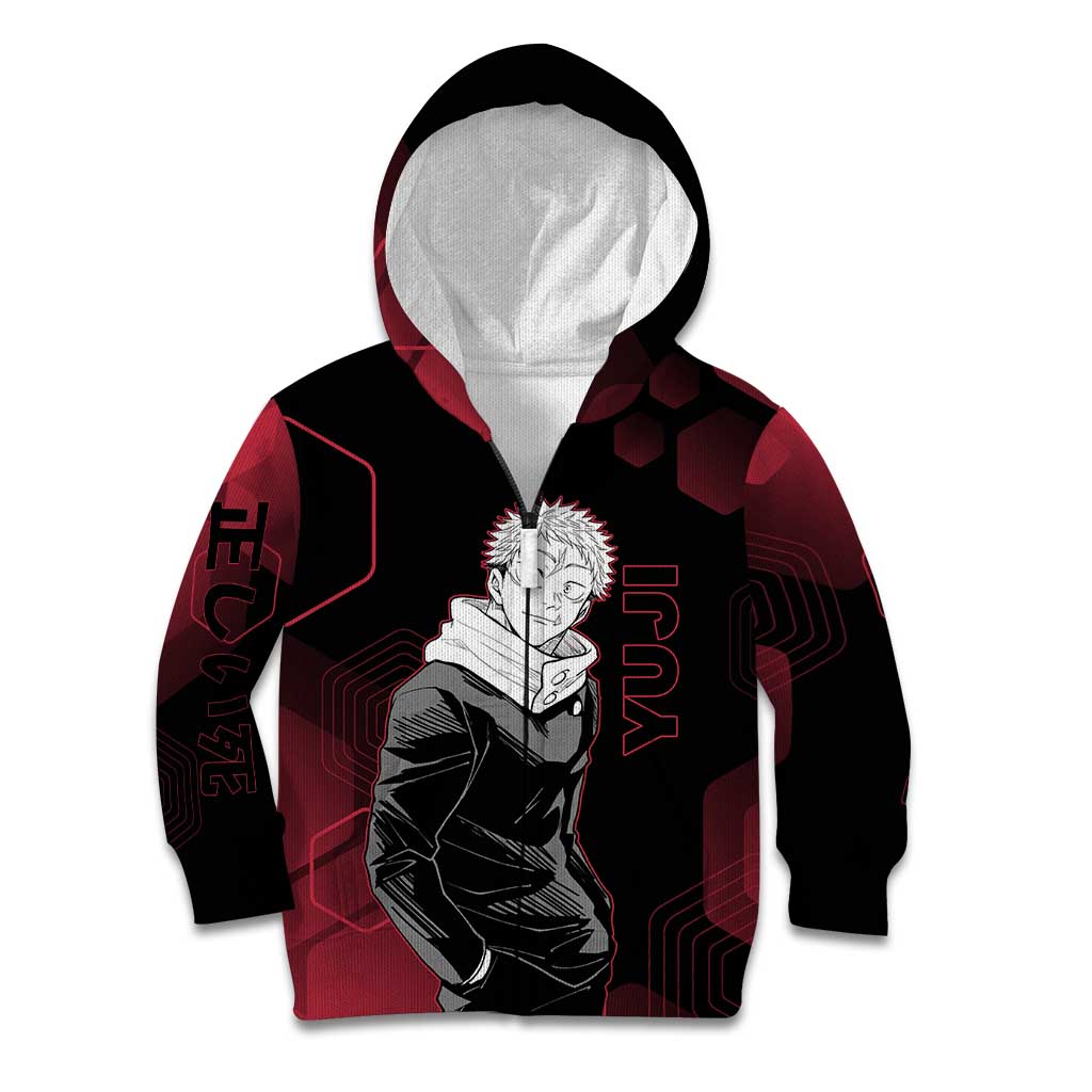 Yuji Itadori Jujutsu Kaisen Red Hexagon Design Kid Hoodie with Sukuna Transformation and Manga Style Art - The Mazicc
