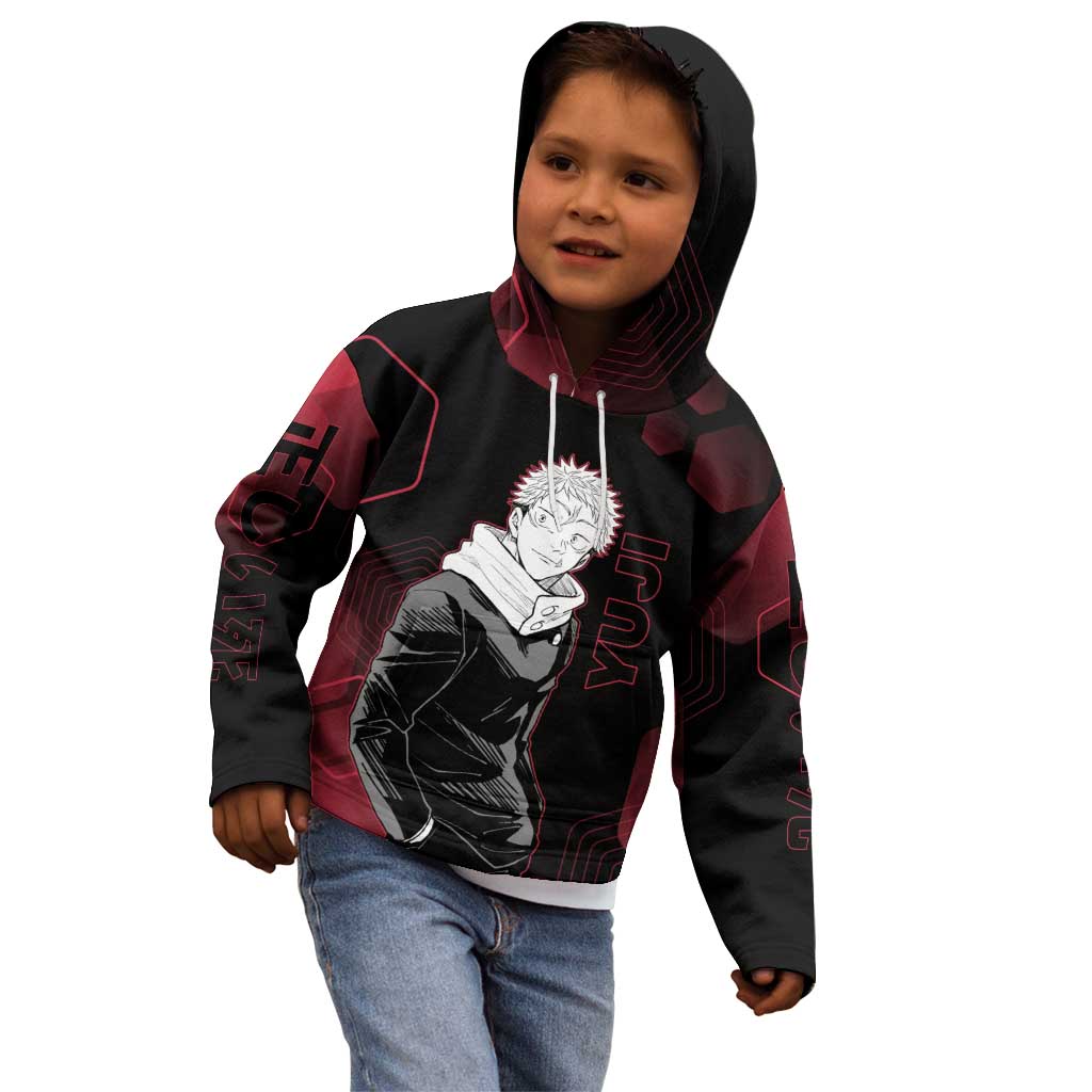 Yuji Itadori Jujutsu Kaisen Red Hexagon Design Kid Hoodie with Sukuna Transformation and Manga Style Art - The Mazicc