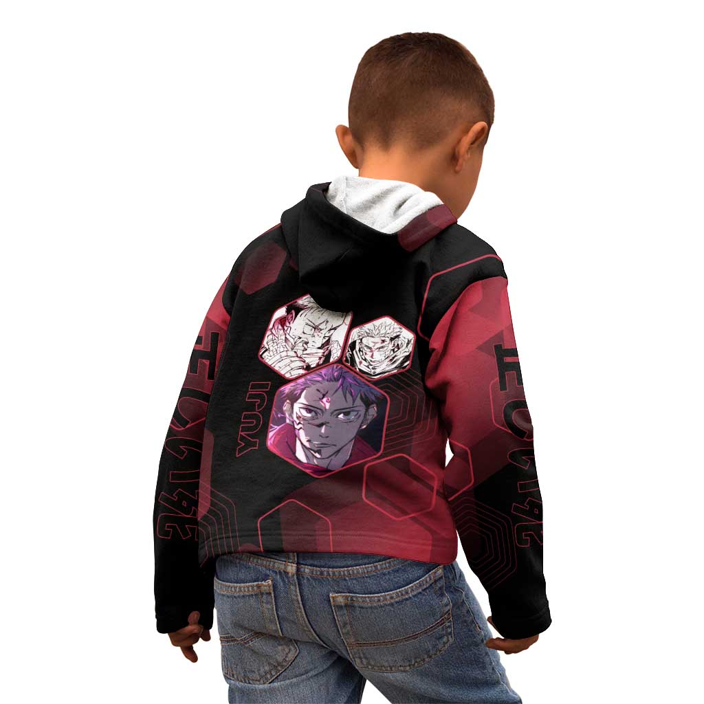 Yuji Itadori Jujutsu Kaisen Red Hexagon Design Kid Hoodie with Sukuna Transformation and Manga Style Art - The Mazicc