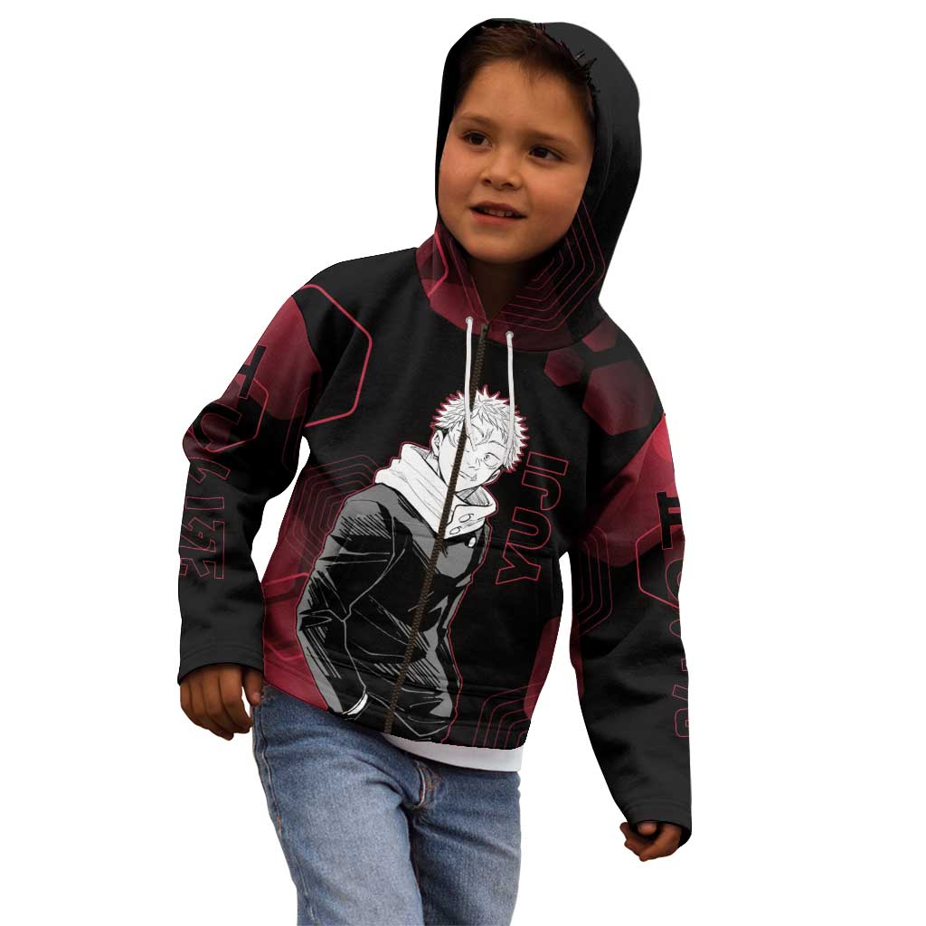 Yuji Itadori Jujutsu Kaisen Red Hexagon Design Kid Hoodie with Sukuna Transformation and Manga Style Art - The Mazicc