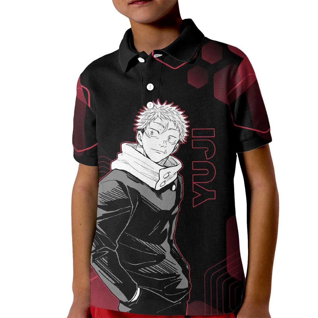 Yuji Itadori Jujutsu Kaisen Red Hexagon Design Kid Polo Shirt with Sukuna Transformation and Manga Style Art - The Mazicc