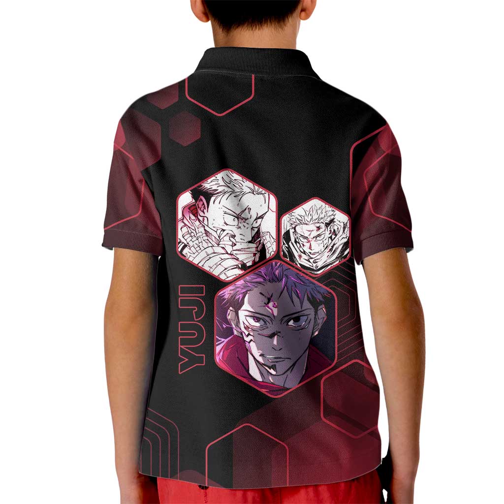 Yuji Itadori Jujutsu Kaisen Red Hexagon Design Kid Polo Shirt with Sukuna Transformation and Manga Style Art - The Mazicc
