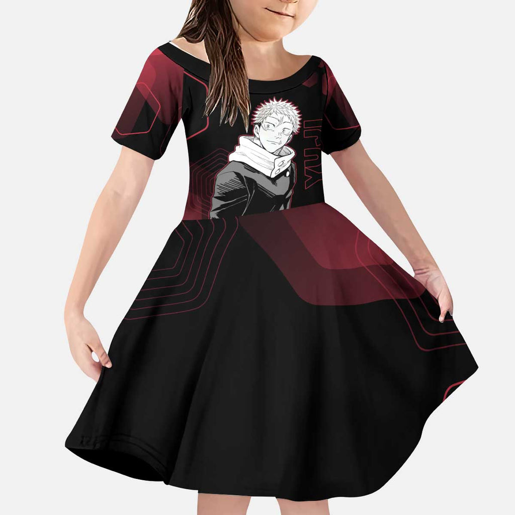 Yuji Itadori Jujutsu Kaisen Red Hexagon Design Kid Short Sleeve Dress with Sukuna Transformation and Manga Style Art - The Mazicc