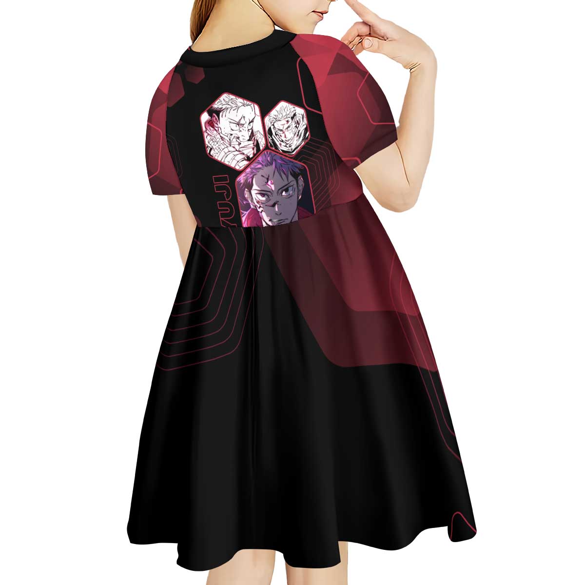 Yuji Itadori Jujutsu Kaisen Red Hexagon Design Kid Short Sleeve Dress with Sukuna Transformation and Manga Style Art - The Mazicc