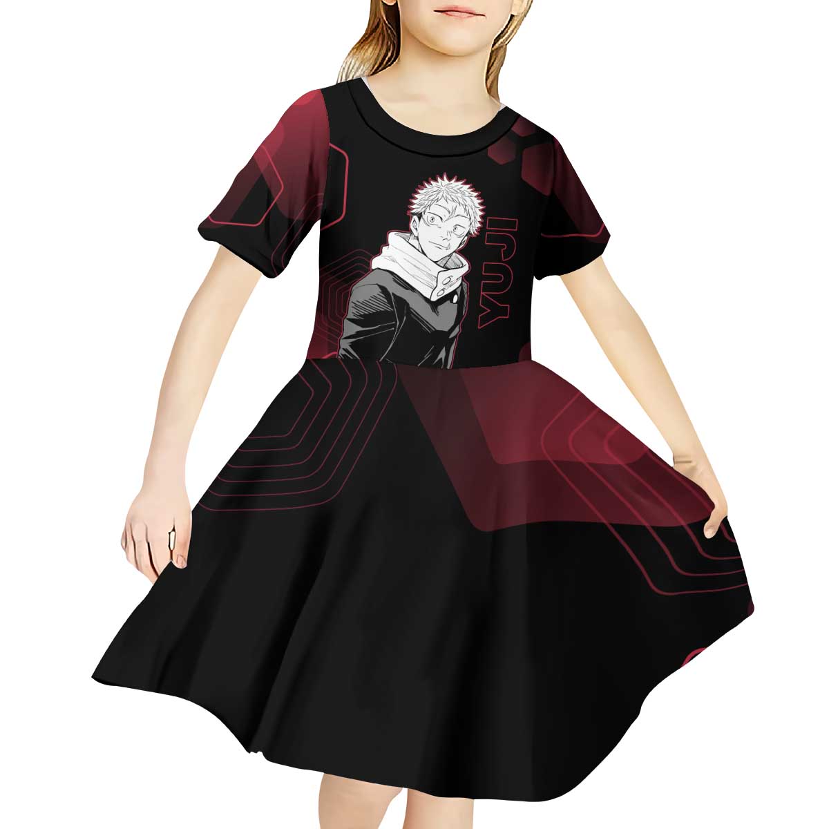Yuji Itadori Jujutsu Kaisen Red Hexagon Design Kid Short Sleeve Dress with Sukuna Transformation and Manga Style Art - The Mazicc