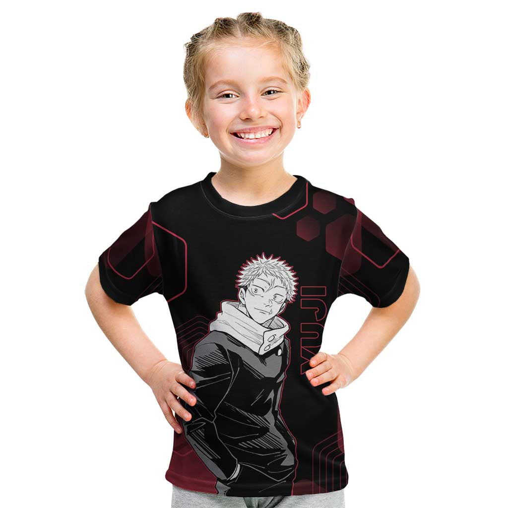 Yuji Itadori Jujutsu Kaisen Red Hexagon Design Kid T Shirt with Sukuna Transformation and Manga Style Art - The Mazicc