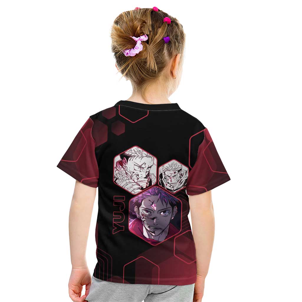 Yuji Itadori Jujutsu Kaisen Red Hexagon Design Kid T Shirt with Sukuna Transformation and Manga Style Art - The Mazicc