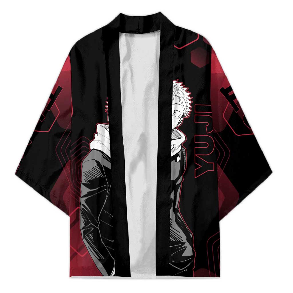 Yuji Itadori Jujutsu Kaisen Red Hexagon Design Kimono with Sukuna Transformation and Manga Style Art - The Mazicc