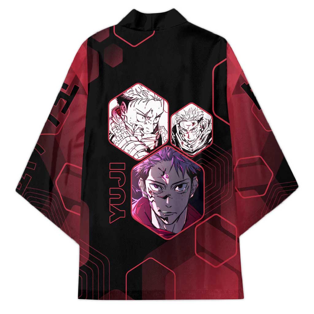 Yuji Itadori Jujutsu Kaisen Red Hexagon Design Kimono with Sukuna Transformation and Manga Style Art - The Mazicc
