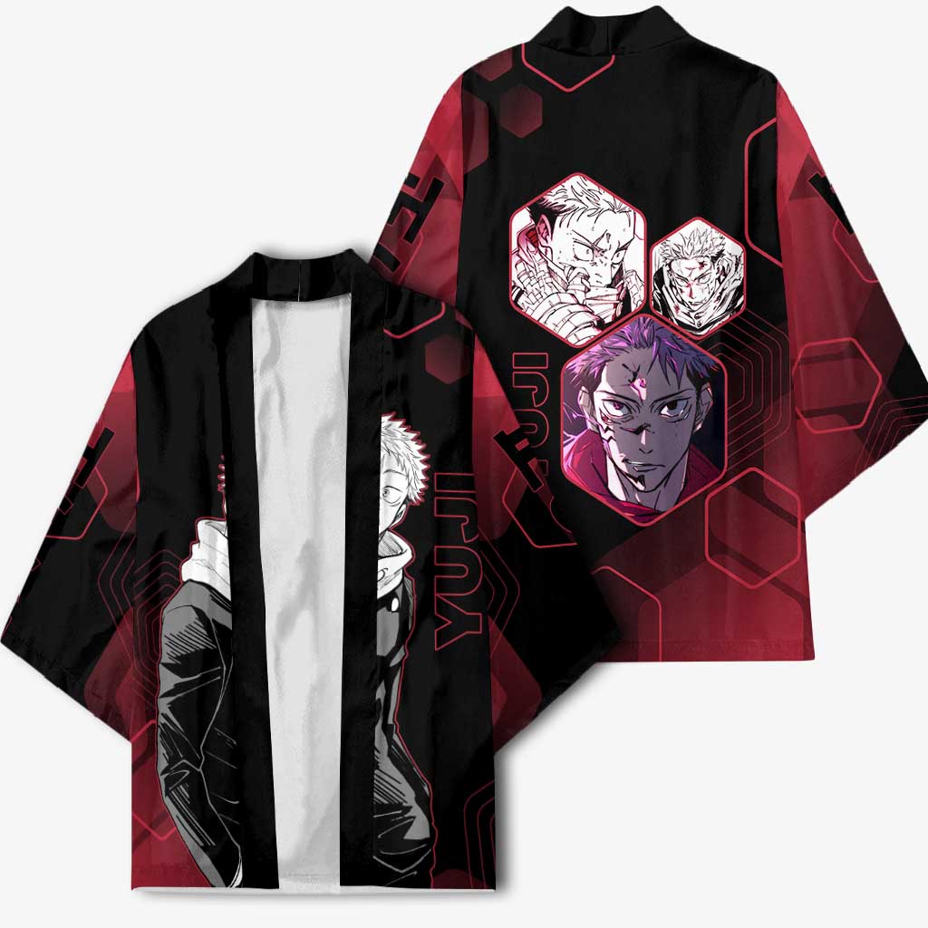 Yuji Itadori Jujutsu Kaisen Red Hexagon Design Kimono with Sukuna Transformation and Manga Style Art - The Mazicc