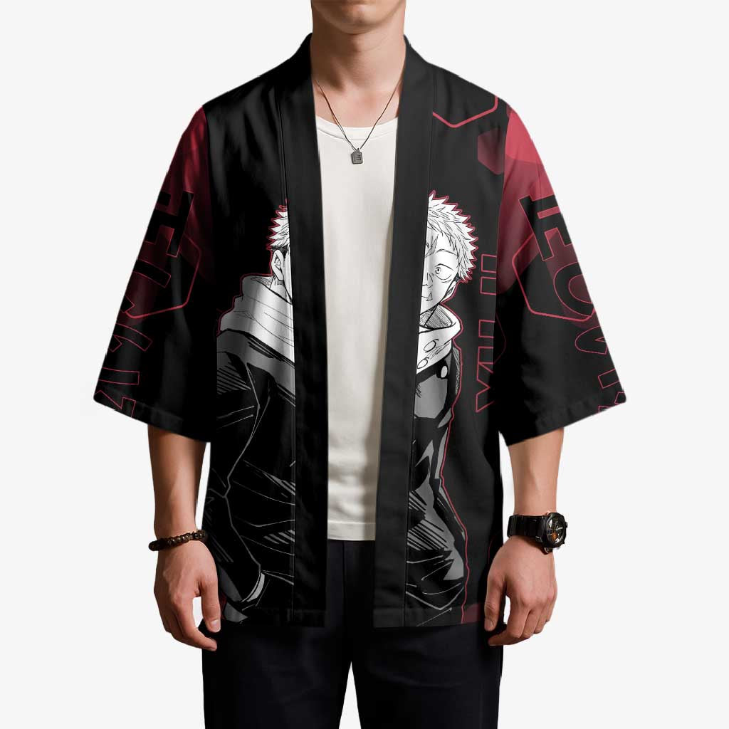 Yuji Itadori Jujutsu Kaisen Red Hexagon Design Kimono with Sukuna Transformation and Manga Style Art - The Mazicc