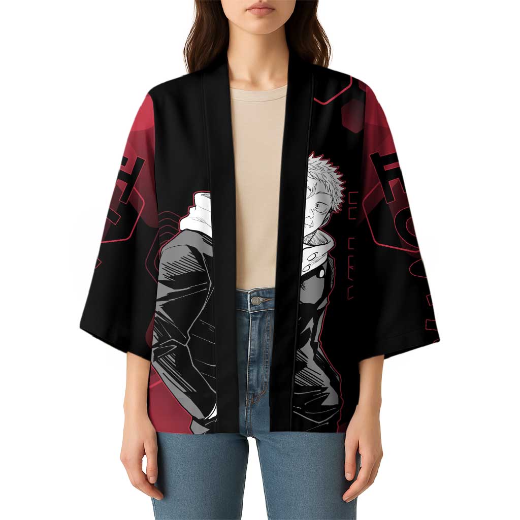 Yuji Itadori Jujutsu Kaisen Red Hexagon Design Kimono with Sukuna Transformation and Manga Style Art - The Mazicc