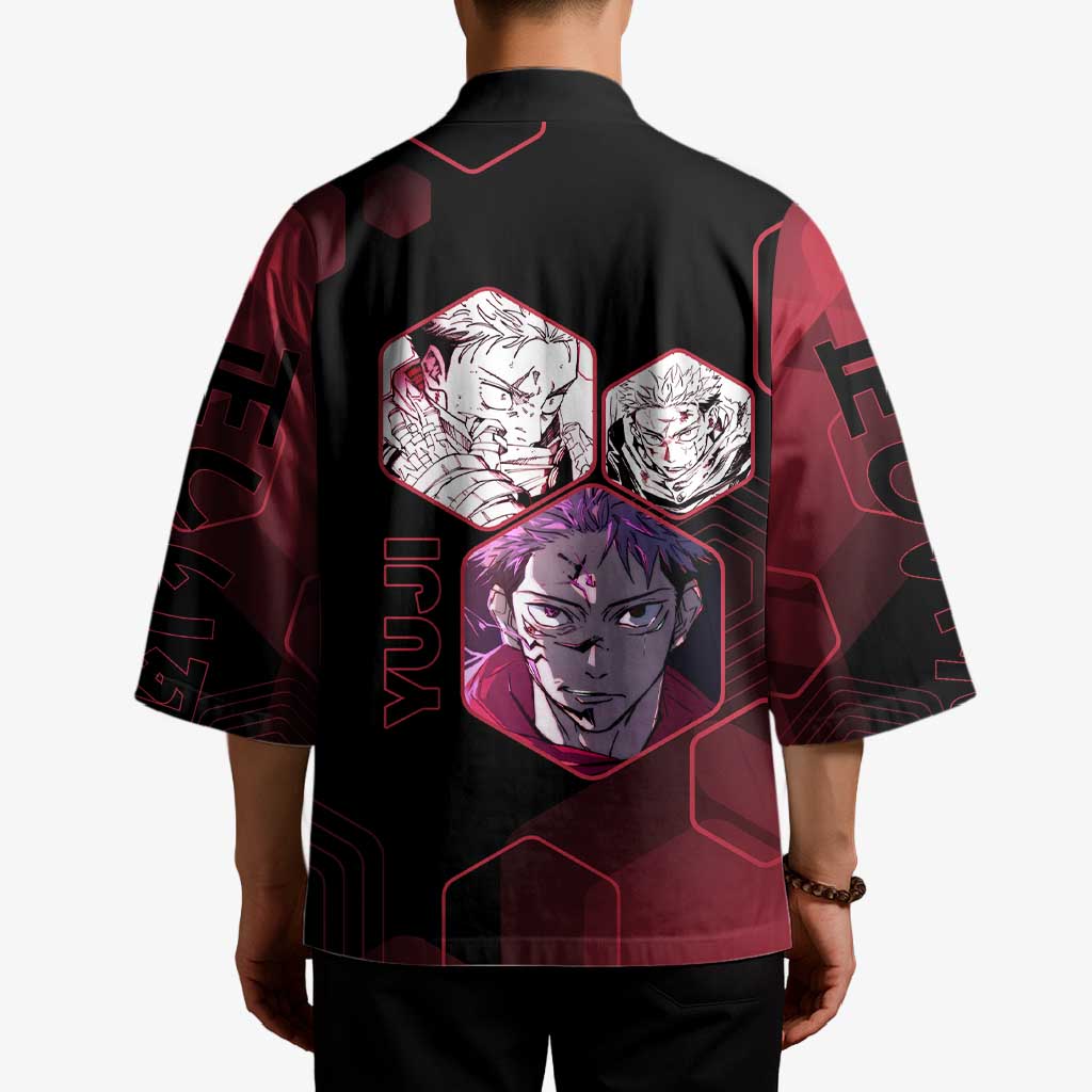 Yuji Itadori Jujutsu Kaisen Red Hexagon Design Kimono with Sukuna Transformation and Manga Style Art - The Mazicc
