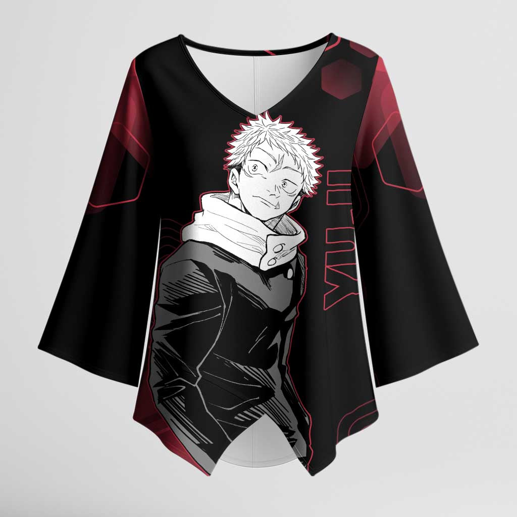 Yuji Itadori Jujutsu Kaisen Red Hexagon Design Kimono Sleeve Blouse with Sukuna Transformation and Manga Style Art - The Mazicc