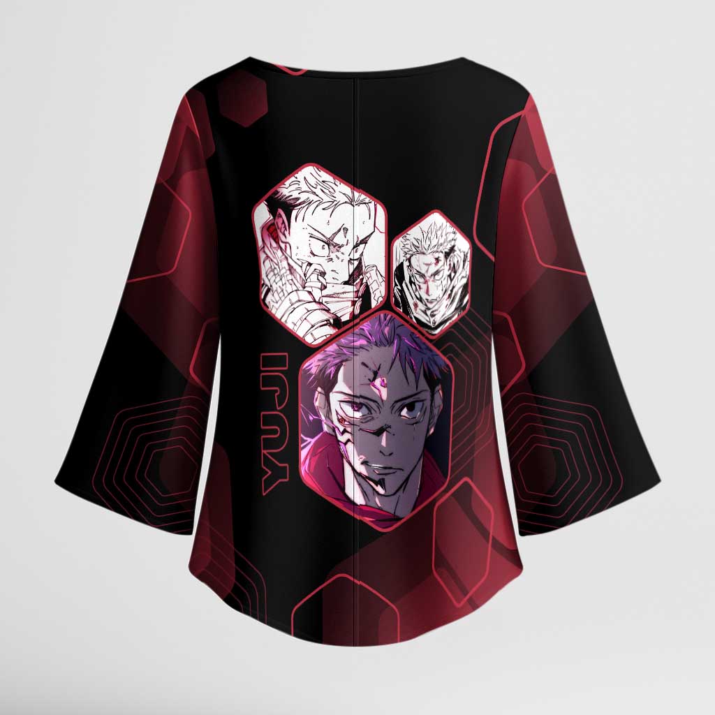 Yuji Itadori Jujutsu Kaisen Red Hexagon Design Kimono Sleeve Blouse with Sukuna Transformation and Manga Style Art - The Mazicc