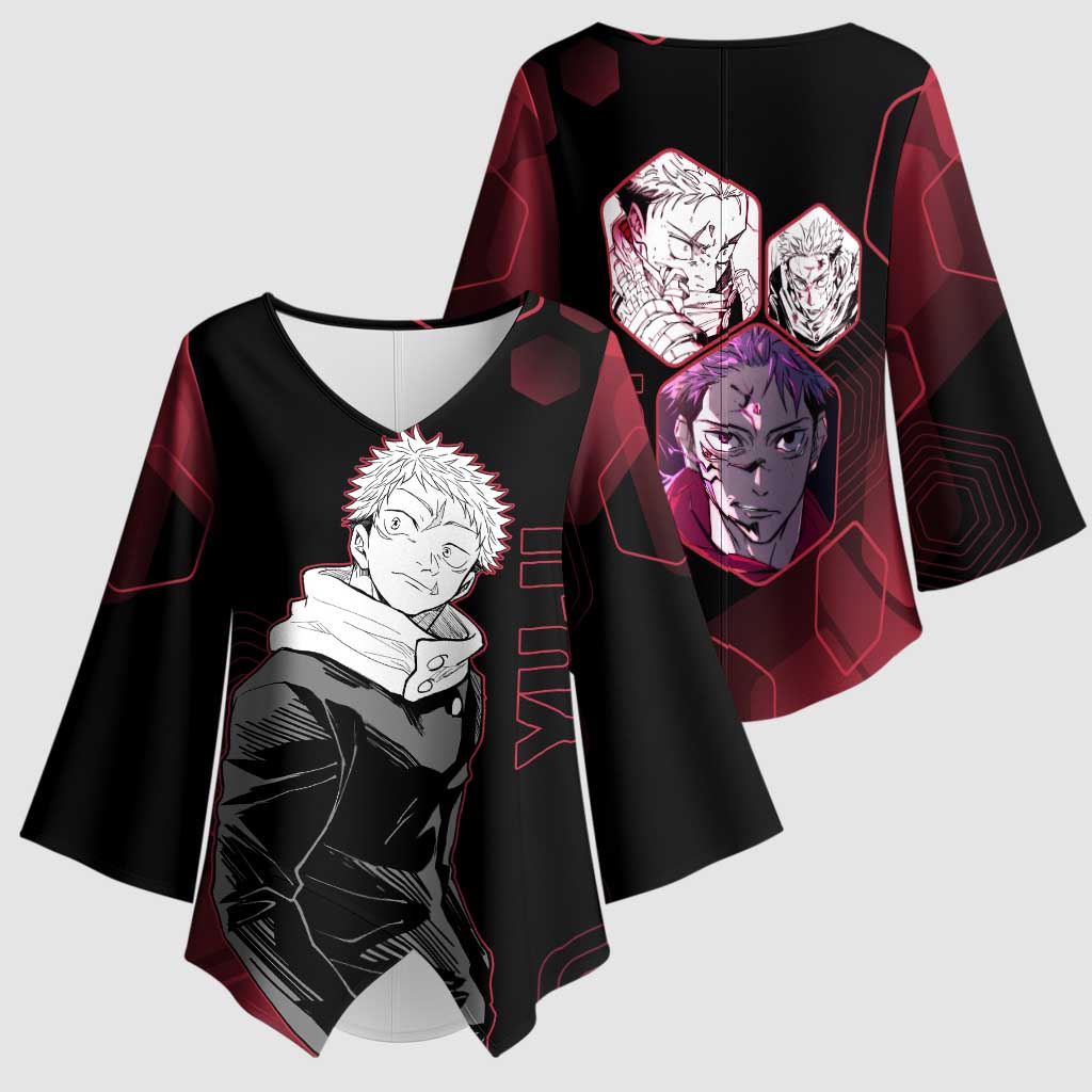 Yuji Itadori Jujutsu Kaisen Red Hexagon Design Kimono Sleeve Blouse with Sukuna Transformation and Manga Style Art - The Mazicc