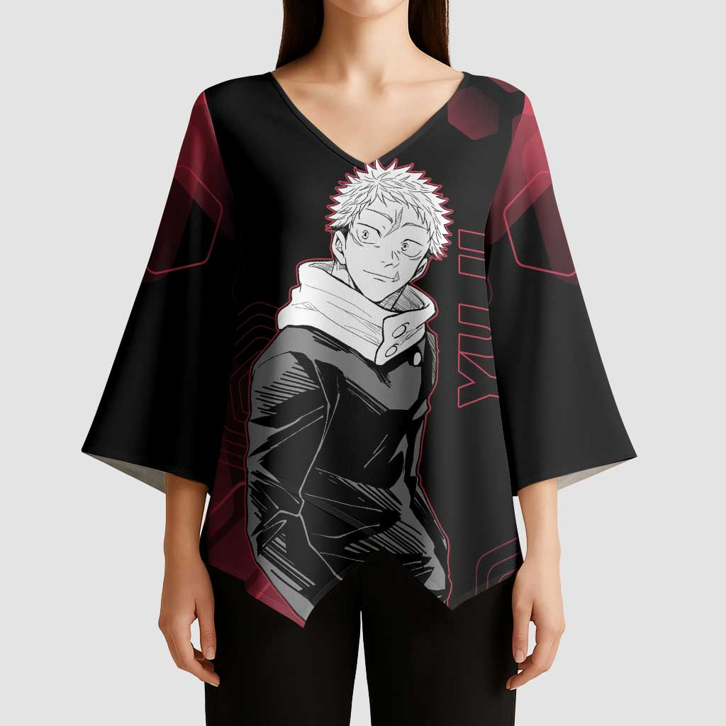 Yuji Itadori Jujutsu Kaisen Red Hexagon Design Kimono Sleeve Blouse with Sukuna Transformation and Manga Style Art - The Mazicc