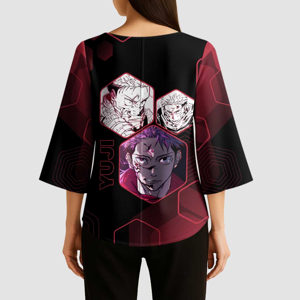 Yuji Itadori Jujutsu Kaisen Red Hexagon Design Kimono Sleeve Blouse with Sukuna Transformation and Manga Style Art - The Mazicc