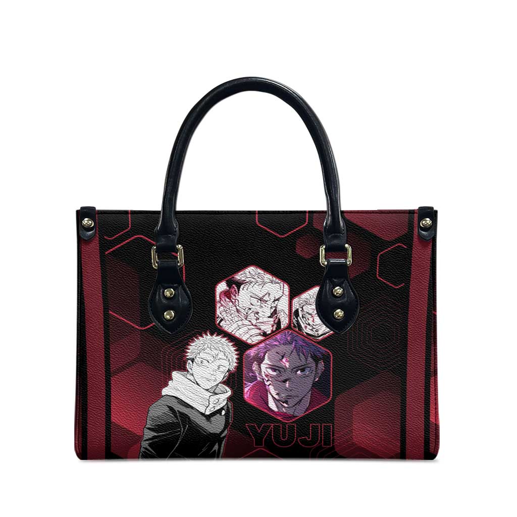 Yuji Itadori Jujutsu Kaisen Red Hexagon Design Leather Bag with Sukuna Transformation and Manga Style Art - The Mazicc