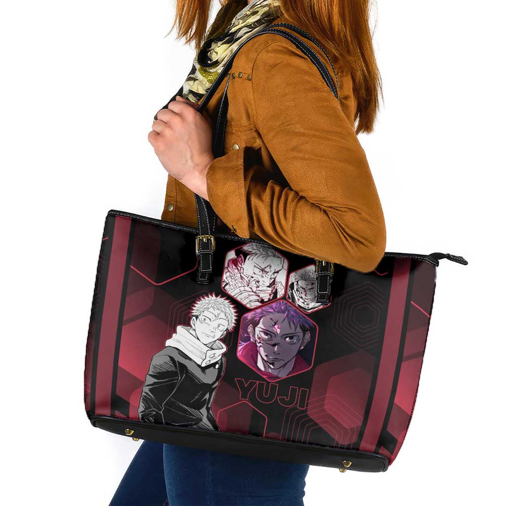 Yuji Itadori Jujutsu Kaisen Red Hexagon Design Leather Tote Bag with Sukuna Transformation and Manga Style Art - The Mazicc