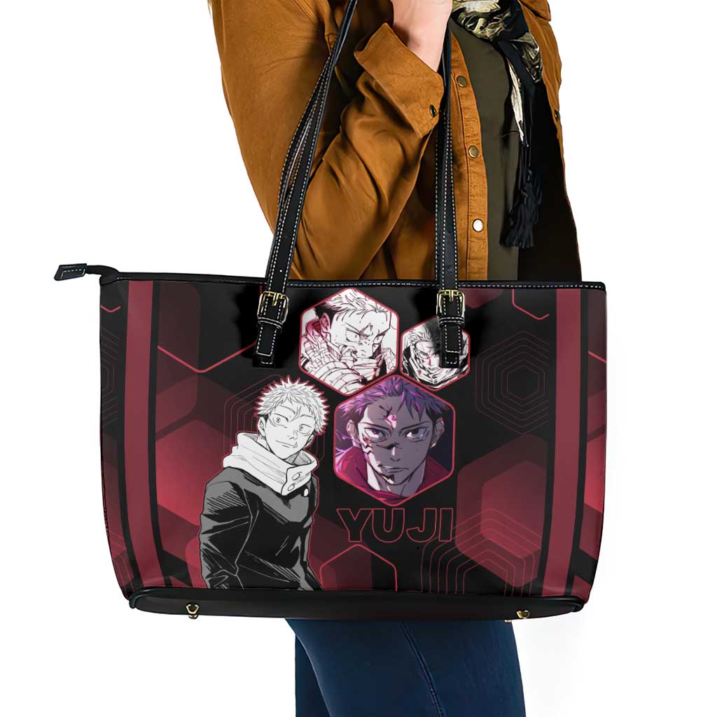 Yuji Itadori Jujutsu Kaisen Red Hexagon Design Leather Tote Bag with Sukuna Transformation and Manga Style Art - The Mazicc