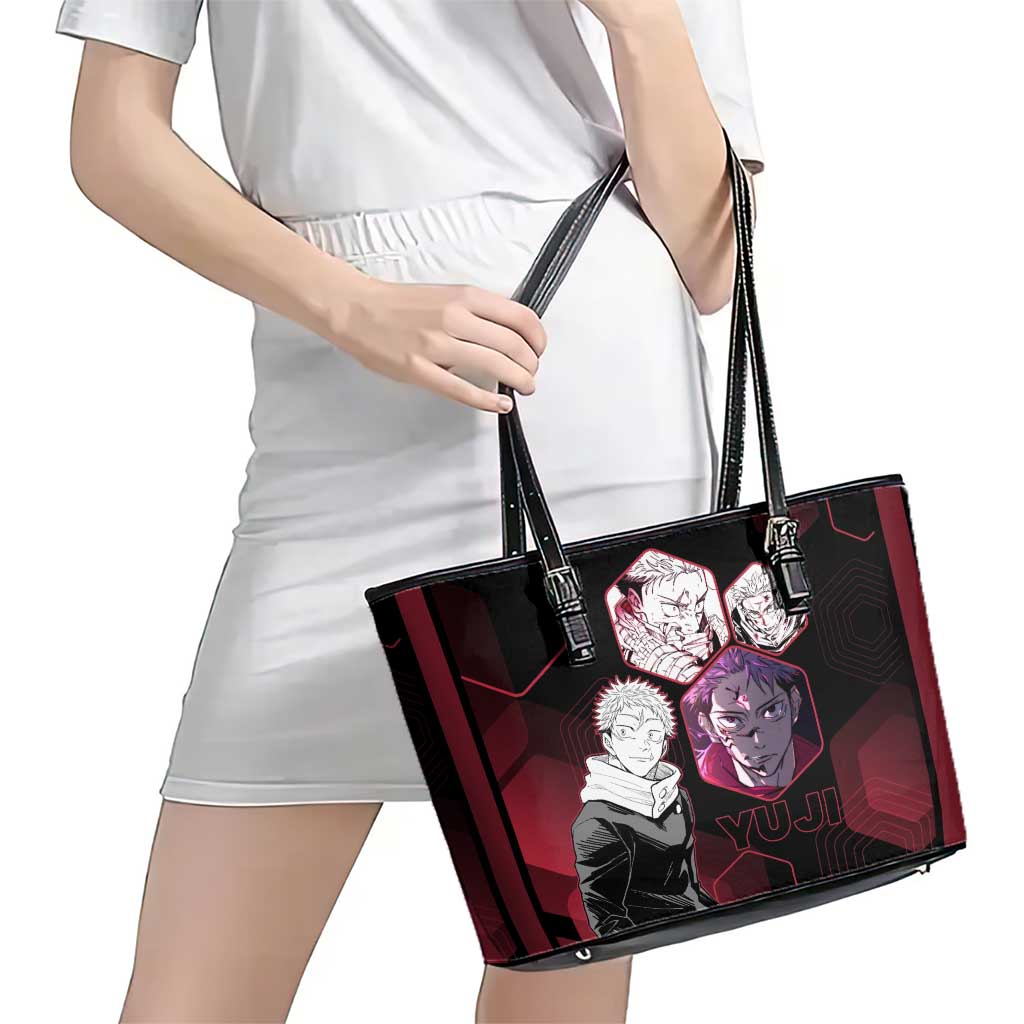 Yuji Itadori Jujutsu Kaisen Red Hexagon Design Leather Tote Bag with Sukuna Transformation and Manga Style Art - The Mazicc