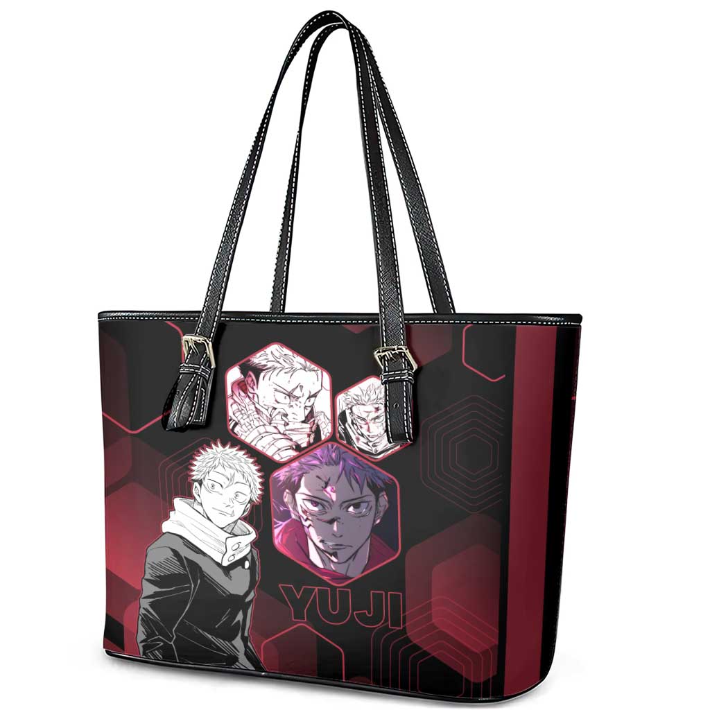 Yuji Itadori Jujutsu Kaisen Red Hexagon Design Leather Tote Bag with Sukuna Transformation and Manga Style Art - The Mazicc