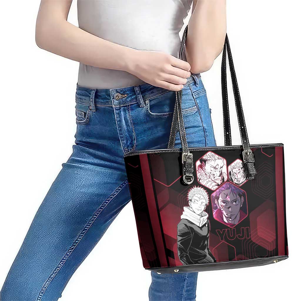 Yuji Itadori Jujutsu Kaisen Red Hexagon Design Leather Tote Bag with Sukuna Transformation and Manga Style Art - The Mazicc