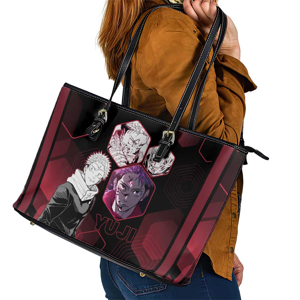 Yuji Itadori Jujutsu Kaisen Red Hexagon Design Leather Tote Bag with Sukuna Transformation and Manga Style Art - The Mazicc