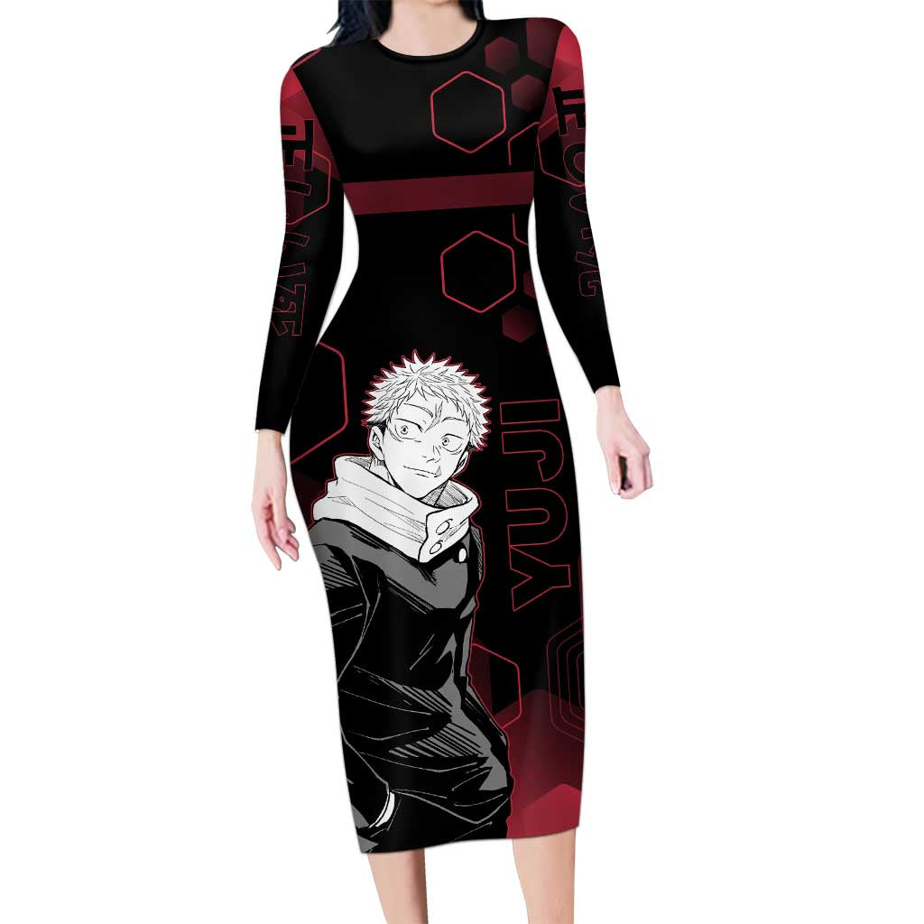 Yuji Itadori Jujutsu Kaisen Red Hexagon Design Long Sleeve Bodycon Dress with Sukuna Transformation and Manga Style Art - The Mazicc