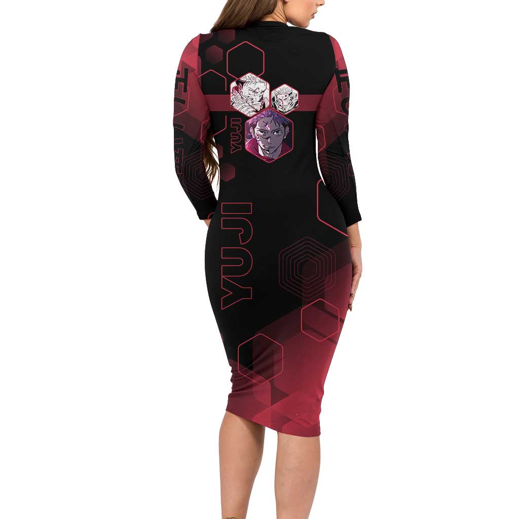 Yuji Itadori Jujutsu Kaisen Red Hexagon Design Long Sleeve Bodycon Dress with Sukuna Transformation and Manga Style Art - The Mazicc