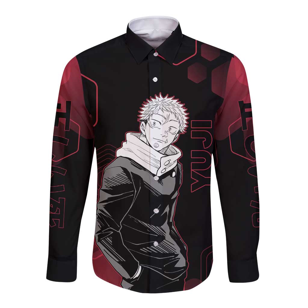 Yuji Itadori Jujutsu Kaisen Red Hexagon Design Long Sleeve Button Shirt with Sukuna Transformation and Manga Style Art - The Mazicc