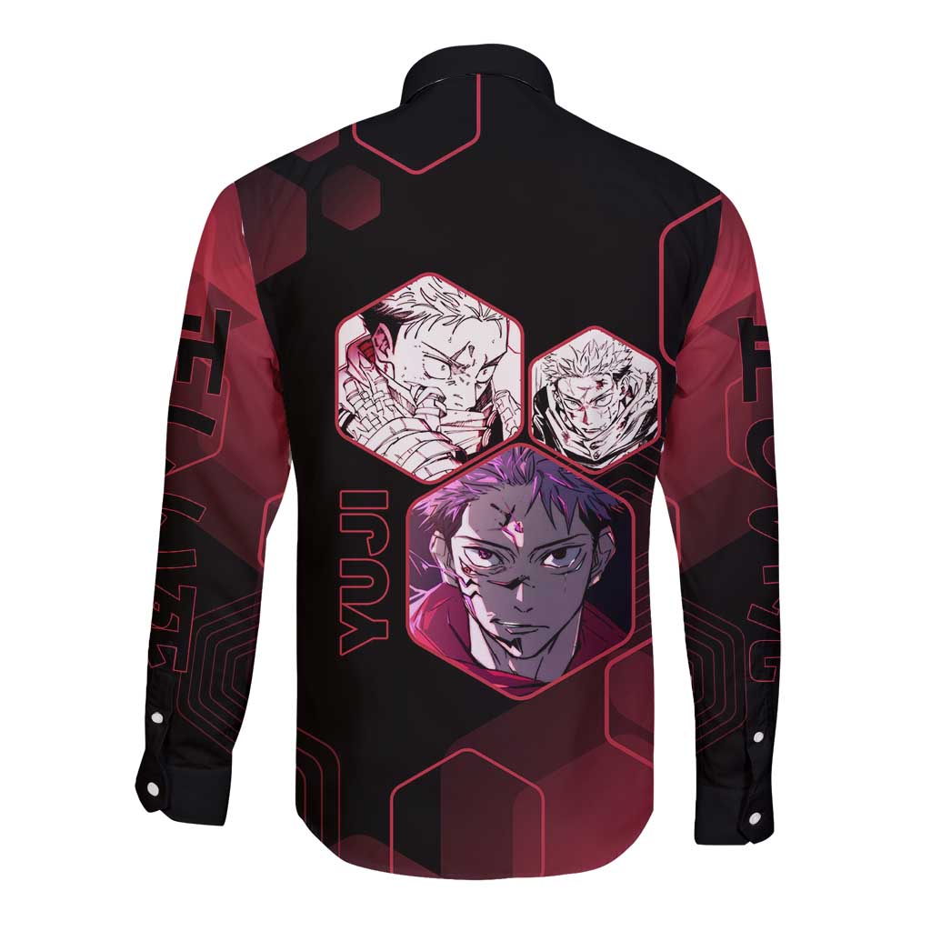 Yuji Itadori Jujutsu Kaisen Red Hexagon Design Long Sleeve Button Shirt with Sukuna Transformation and Manga Style Art - The Mazicc