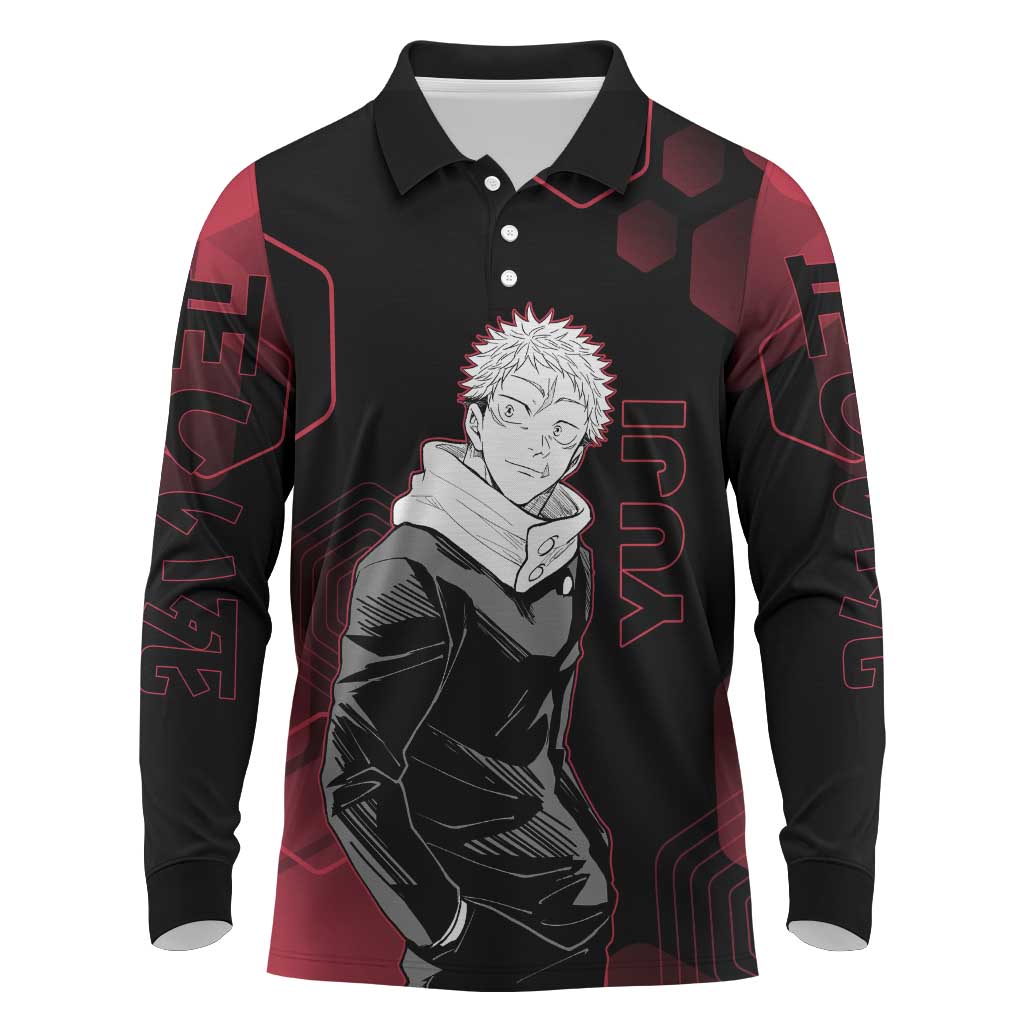 Yuji Itadori Jujutsu Kaisen Red Hexagon Design Long Sleeve Polo Shirt with Sukuna Transformation and Manga Style Art - The Mazicc