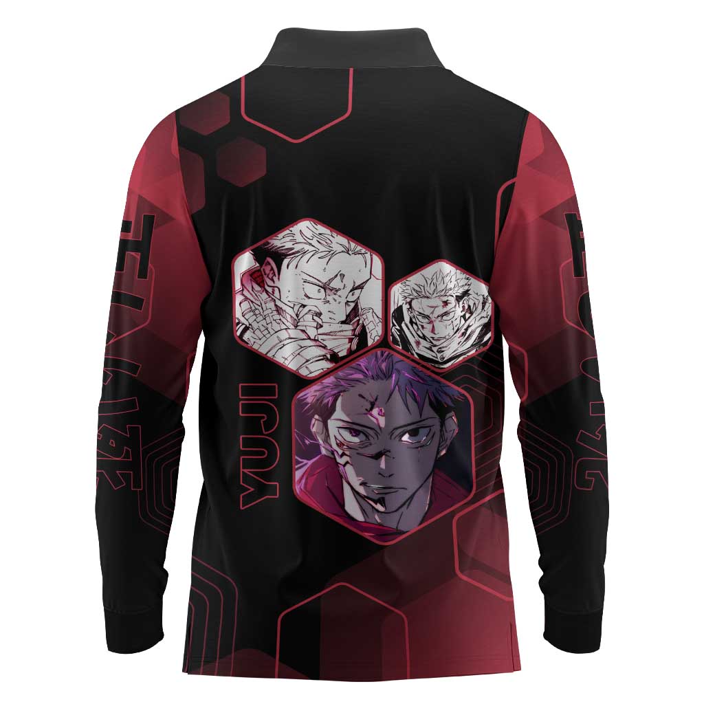 Yuji Itadori Jujutsu Kaisen Red Hexagon Design Long Sleeve Polo Shirt with Sukuna Transformation and Manga Style Art - The Mazicc