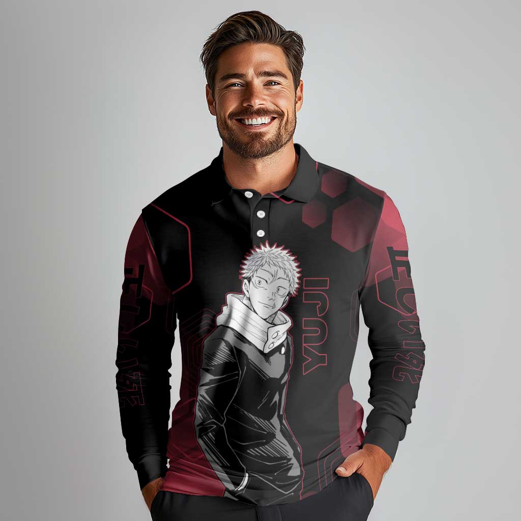 Yuji Itadori Jujutsu Kaisen Red Hexagon Design Long Sleeve Polo Shirt with Sukuna Transformation and Manga Style Art - The Mazicc